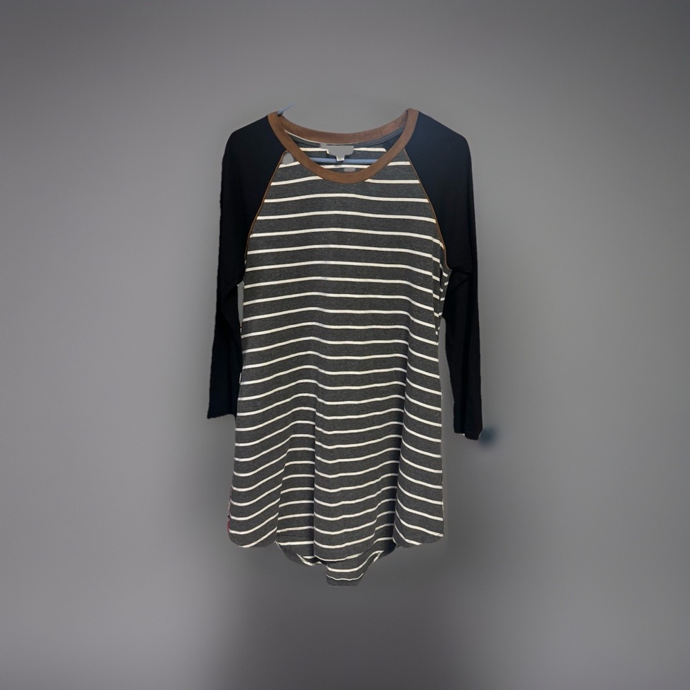 Umgee‎ Women's M Gray White Striped Long Sleeve Tunic Dress Pockets Faux Suede